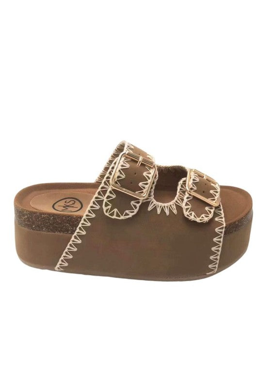 NINA Embroidered Double Buckle Banded Flatforms