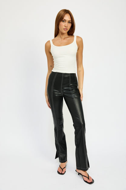 High Waist Faux Leather Pants with Contrast Stitching