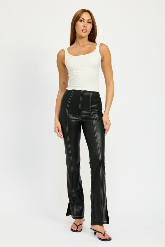 High Waist Faux Leather Pants with Contrast Stitching