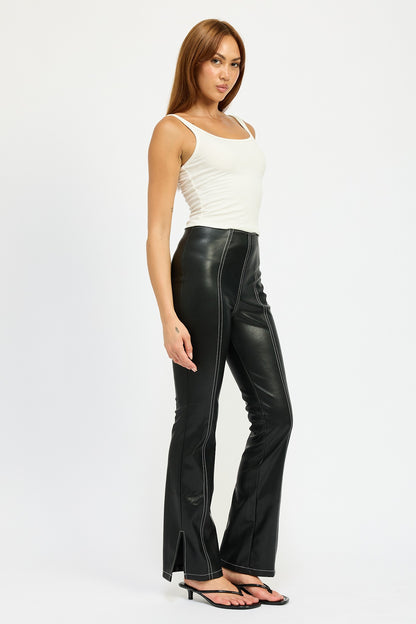 High Waist Faux Leather Pants with Contrast Stitching