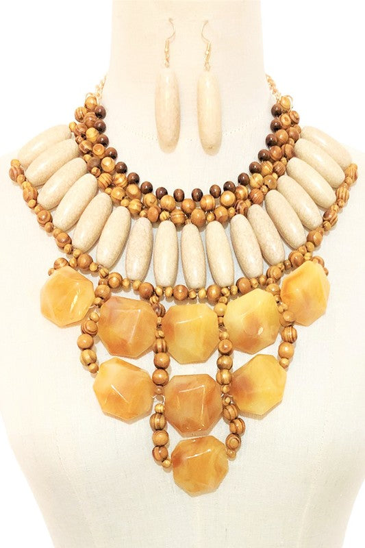 Mix Resin and Wooden Beads Statement Bib Necklace