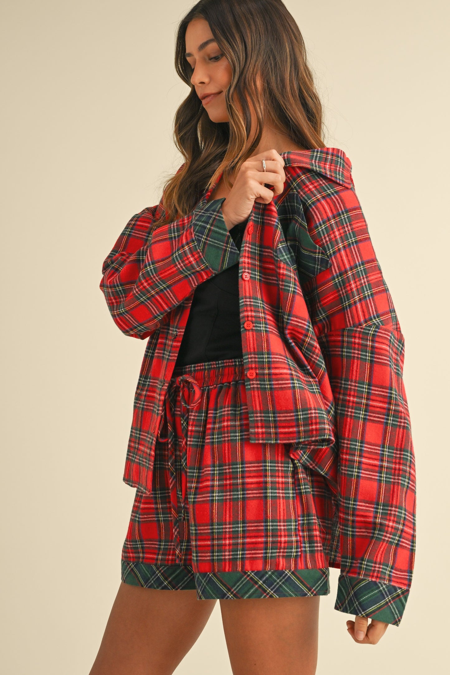 Annie Wear - Contrast Plaid Long Sleeve Top and Shorts Set