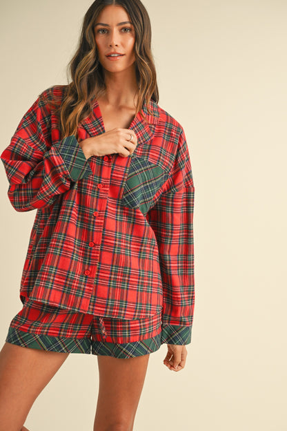 Annie Wear - Contrast Plaid Long Sleeve Top and Shorts Set