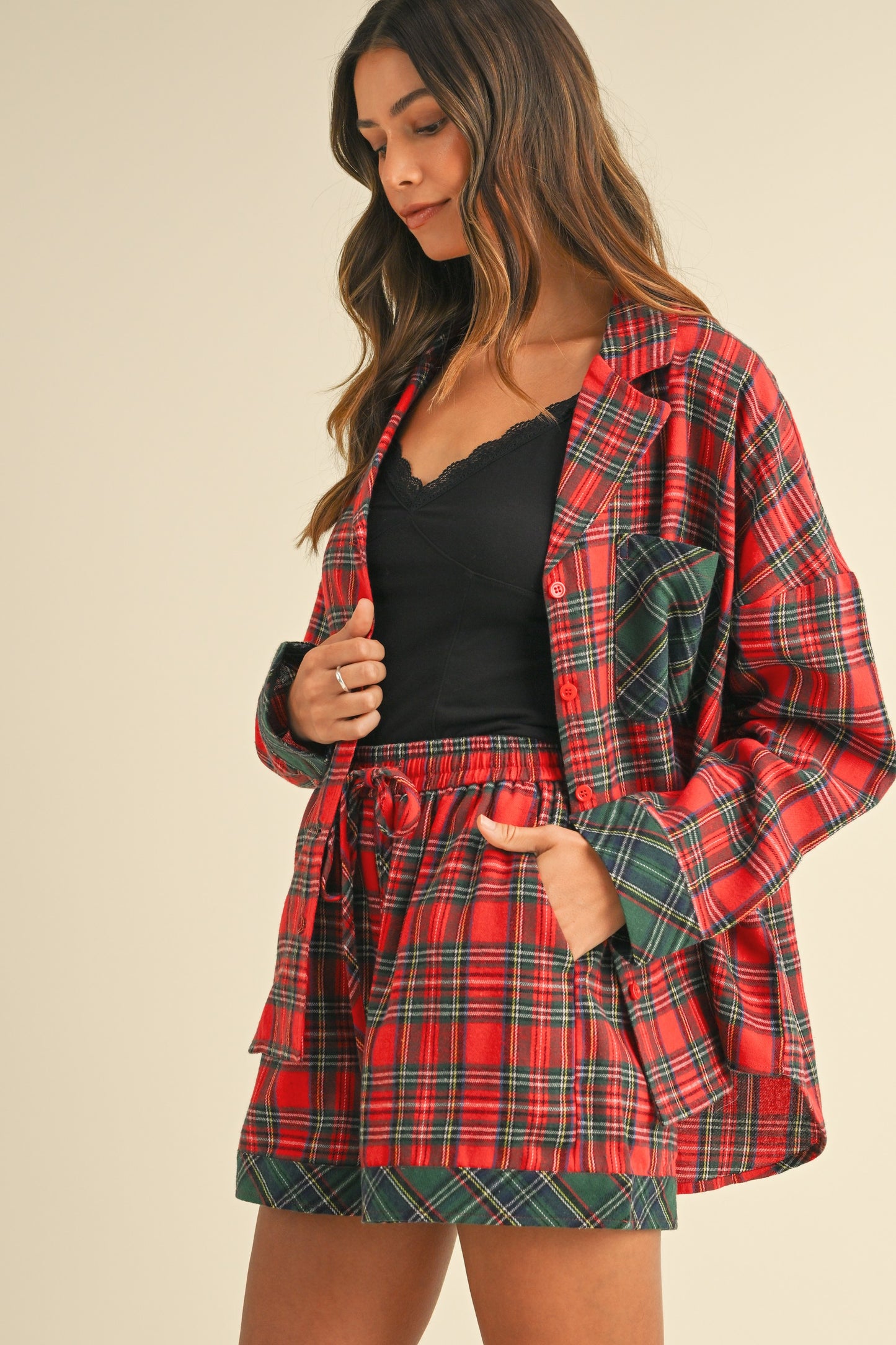 Annie Wear - Contrast Plaid Long Sleeve Top and Shorts Set