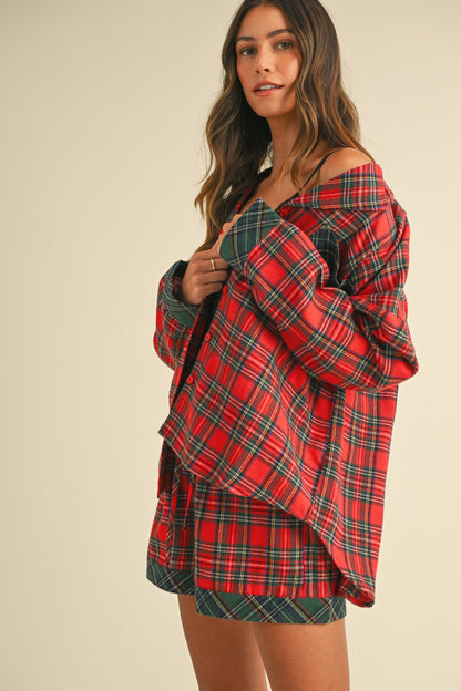 Annie Wear - Contrast Plaid Long Sleeve Top and Shorts Set