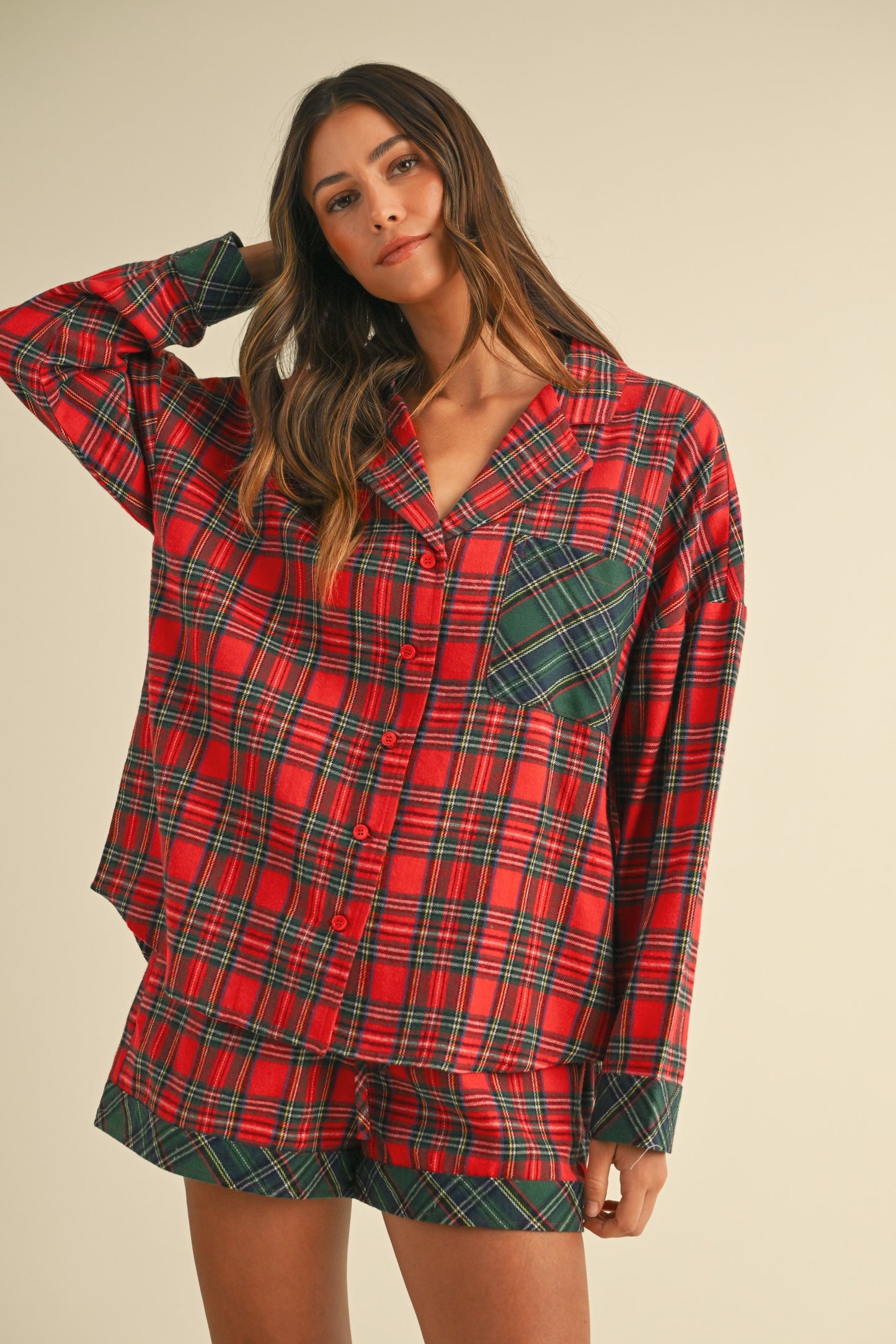 Annie Wear - Contrast Plaid Long Sleeve Top and Shorts Set