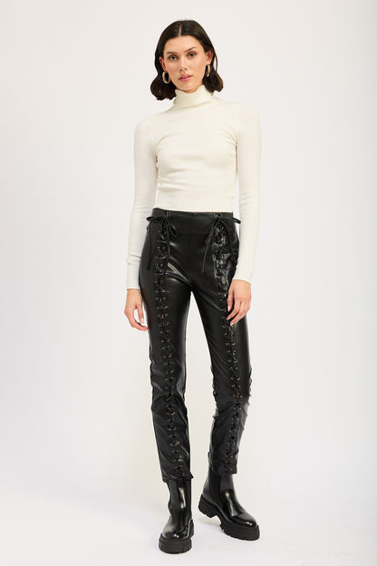 Cropped Lace-Up Leather Pants