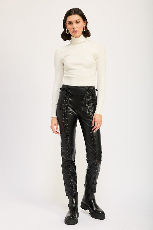 Cropped Lace-Up Leather Pants