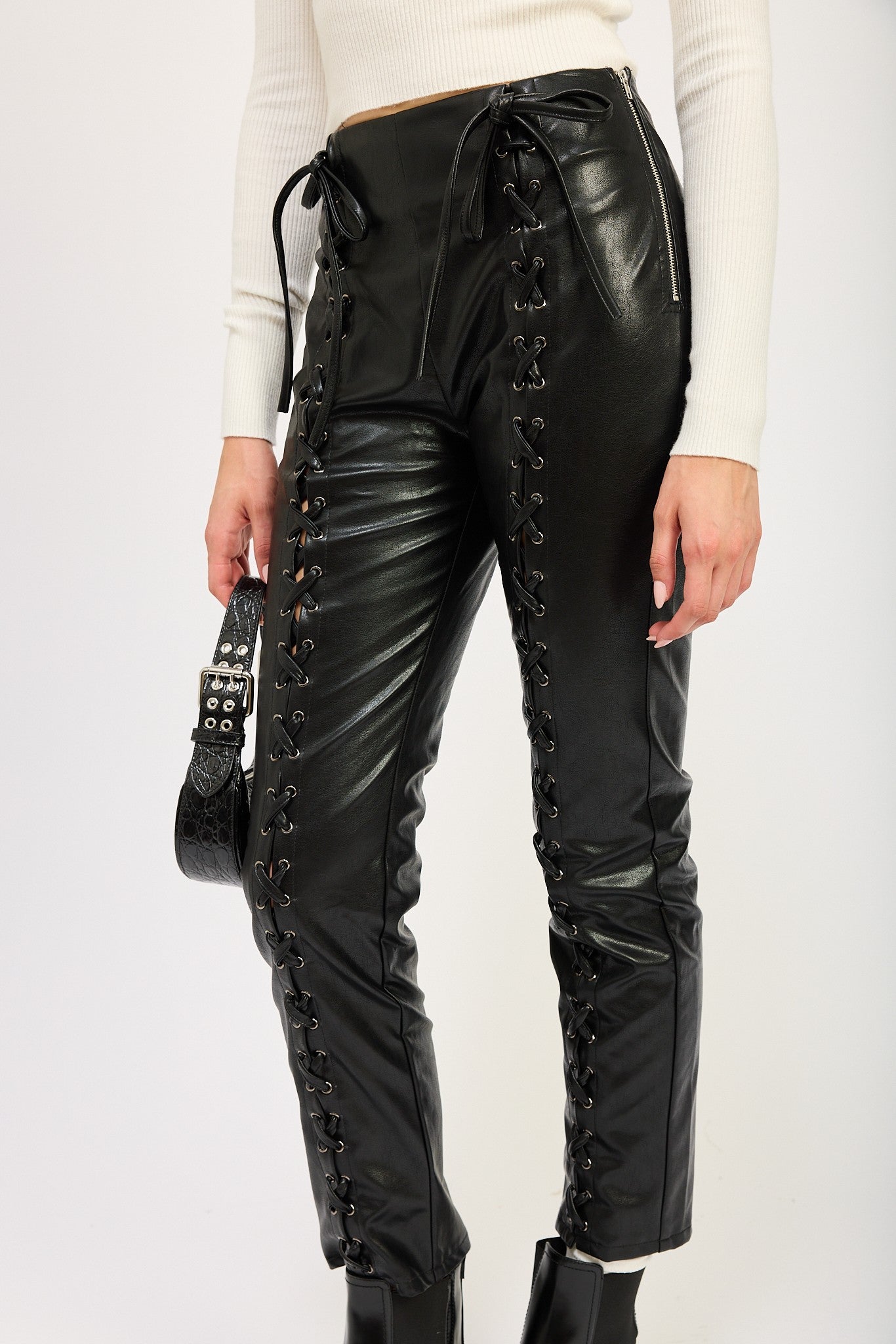 Cropped Lace-Up Leather Pants