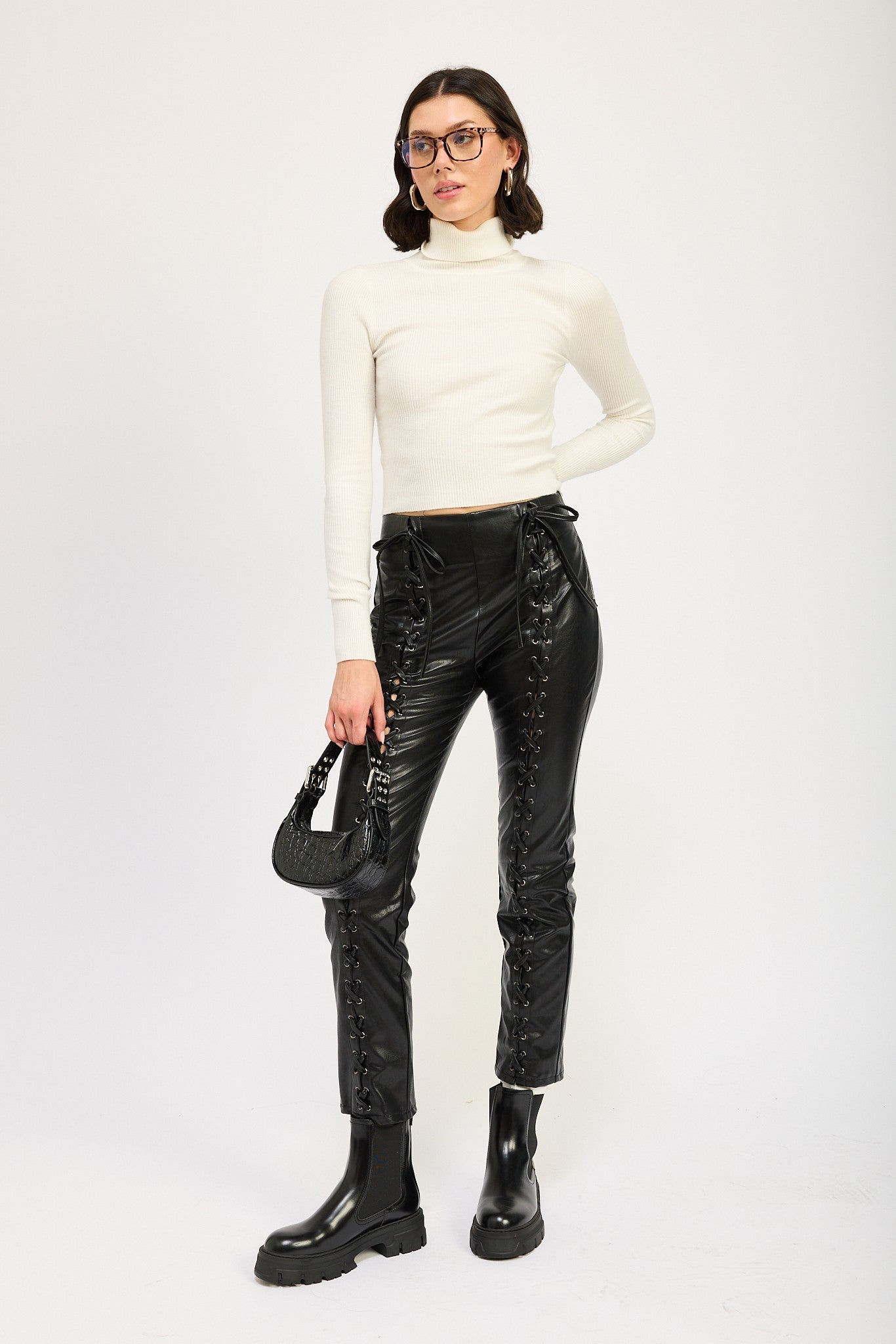 Cropped Lace-Up Leather Pants