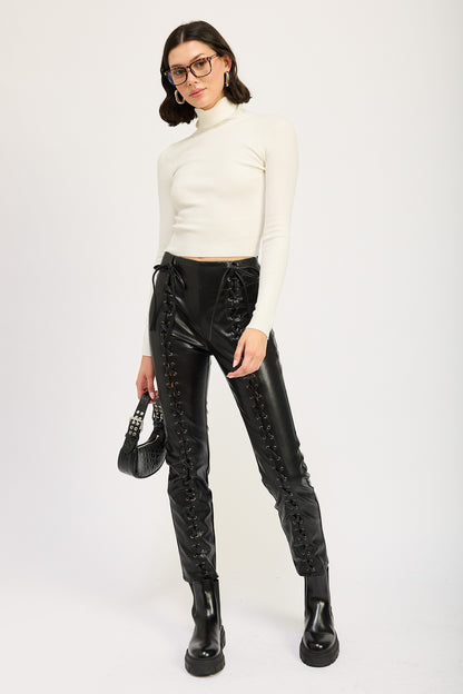 Cropped Lace-Up Leather Pants