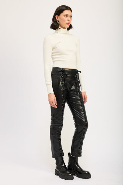 Cropped Lace-Up Leather Pants