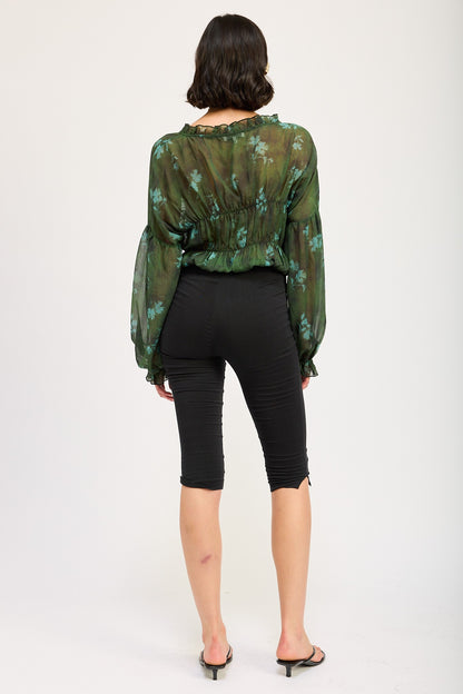 Sheer Ruffled Floral Print Blouse