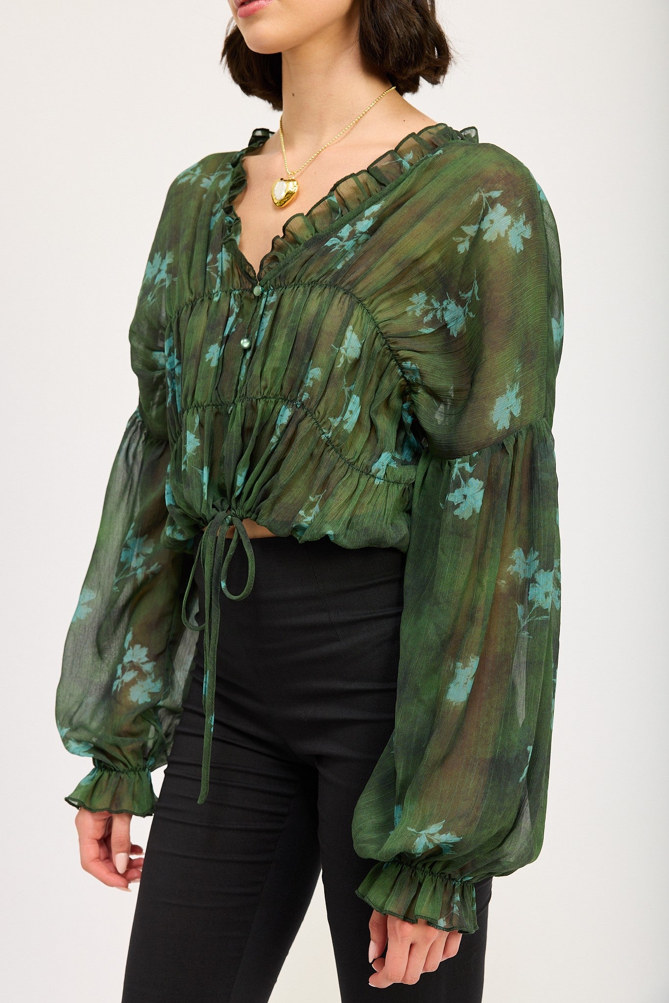 Sheer Ruffled Floral Print Blouse