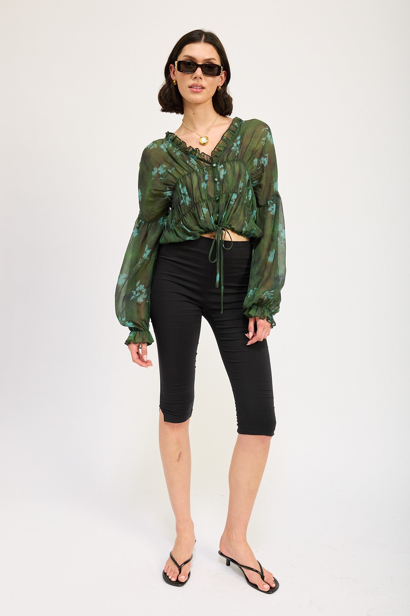 Sheer Ruffled Floral Print Blouse