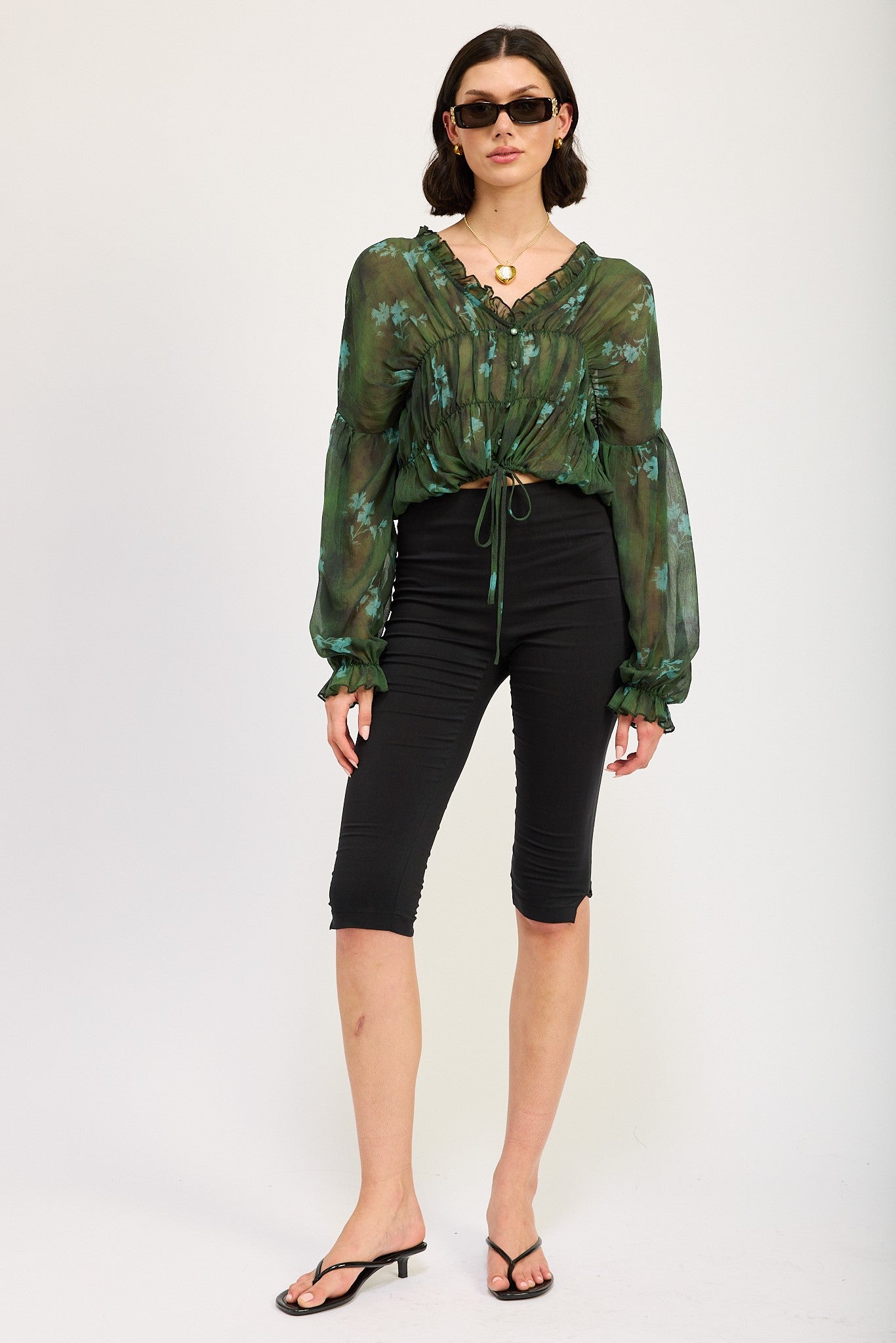 Sheer Ruffled Floral Print Blouse