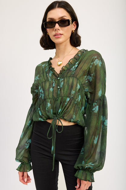 Sheer Ruffled Floral Print Blouse