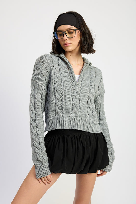 Cropped Cable Knit Zip Up Sweater