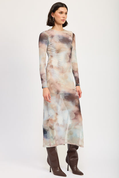 Sheer Abstract Maxi Dress with Slit