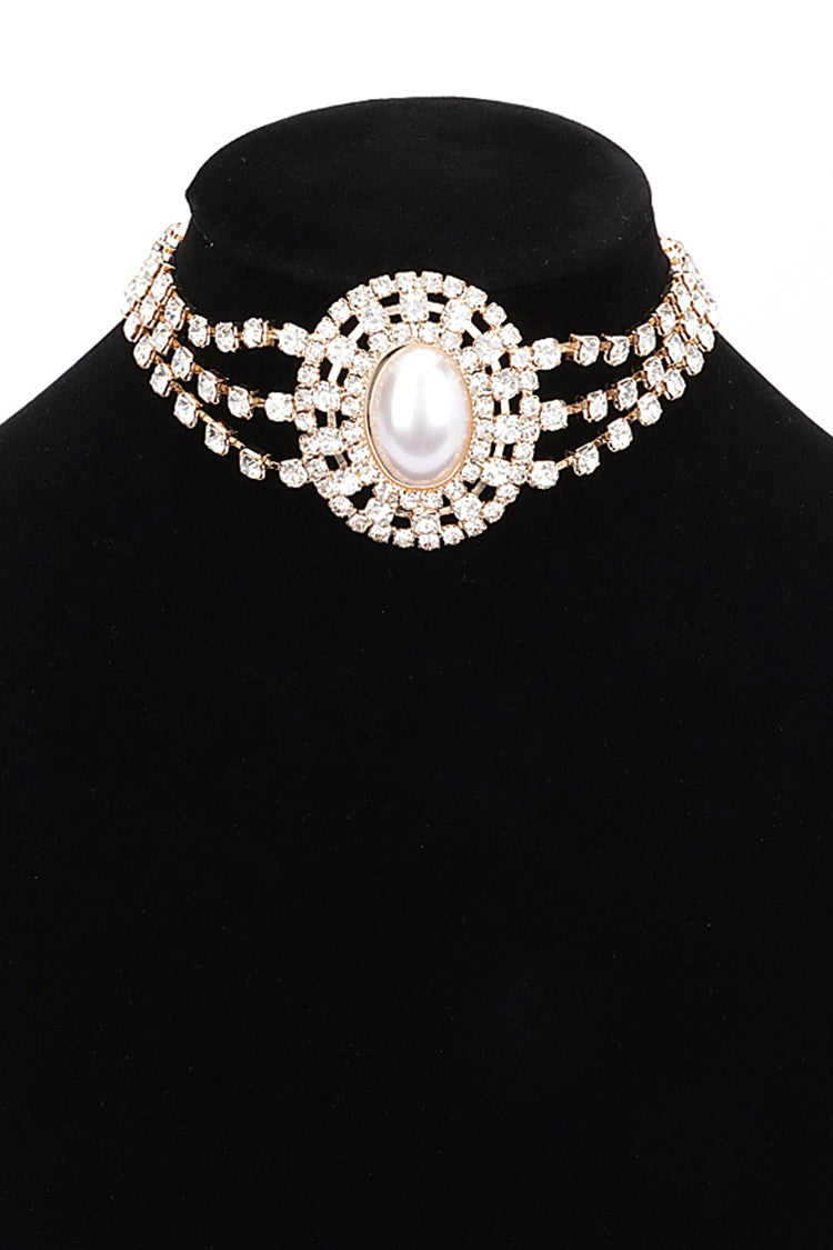 Faux Pearl Rhinestone Statement Choker Necklace