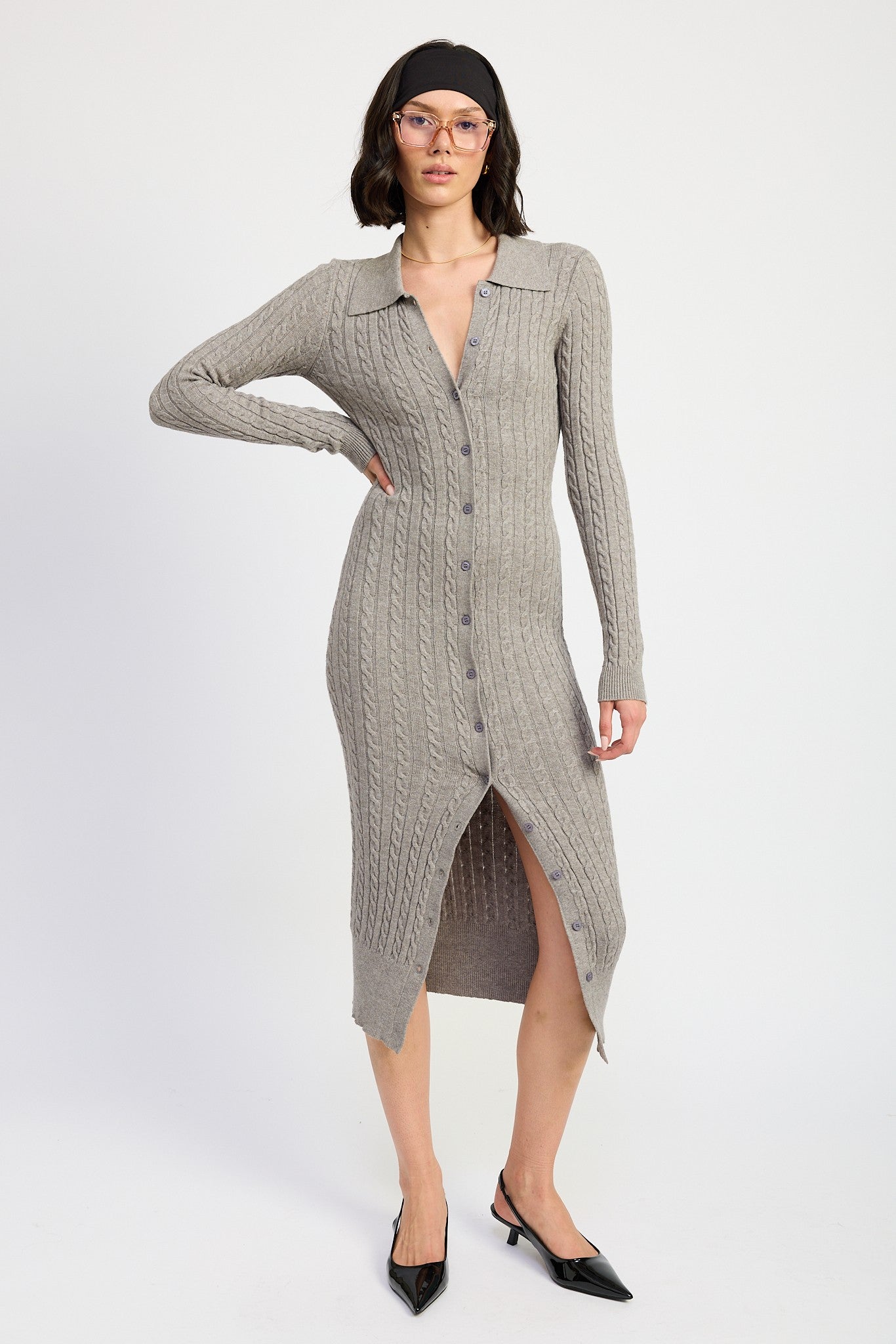 Buttoned Cable Knit Midi Dress