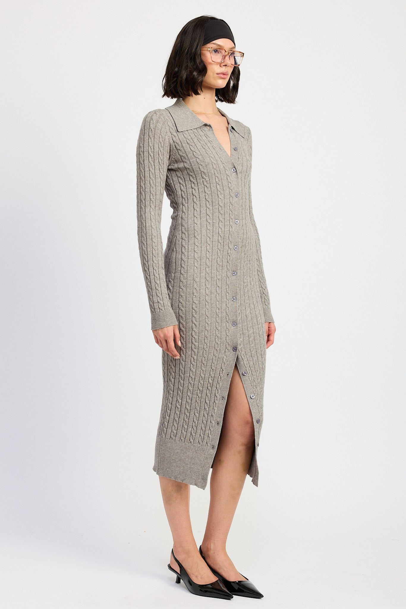 Buttoned Cable Knit Midi Dress