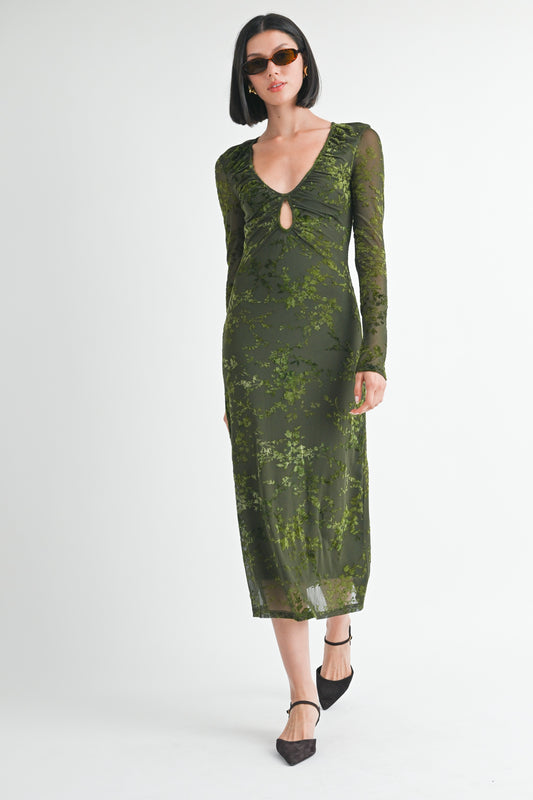 Sheer Keyhole Botanical Print Midi Dress