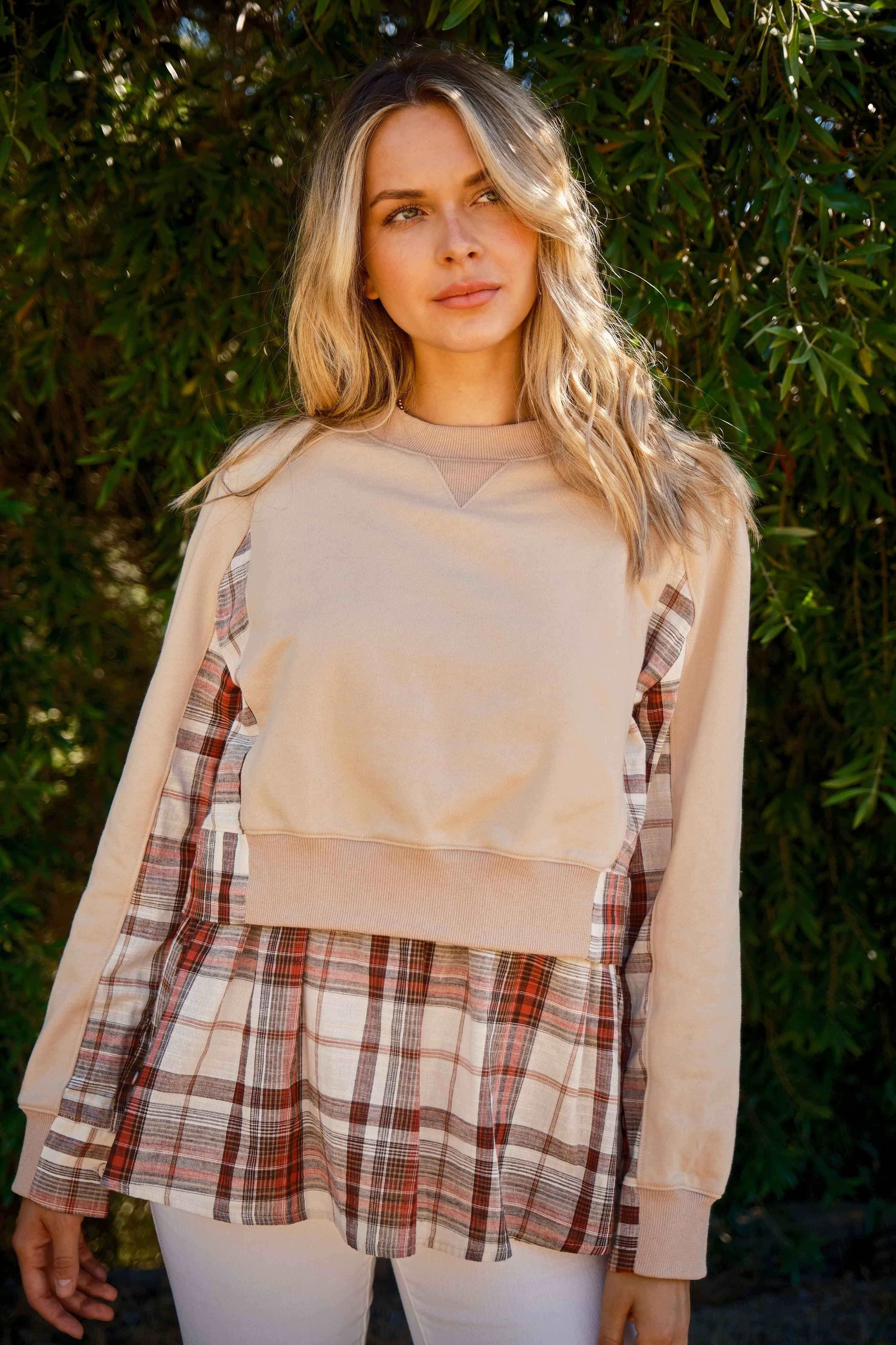 And The Why Full Size Double Layered Plaid Contrast Sweatshirt