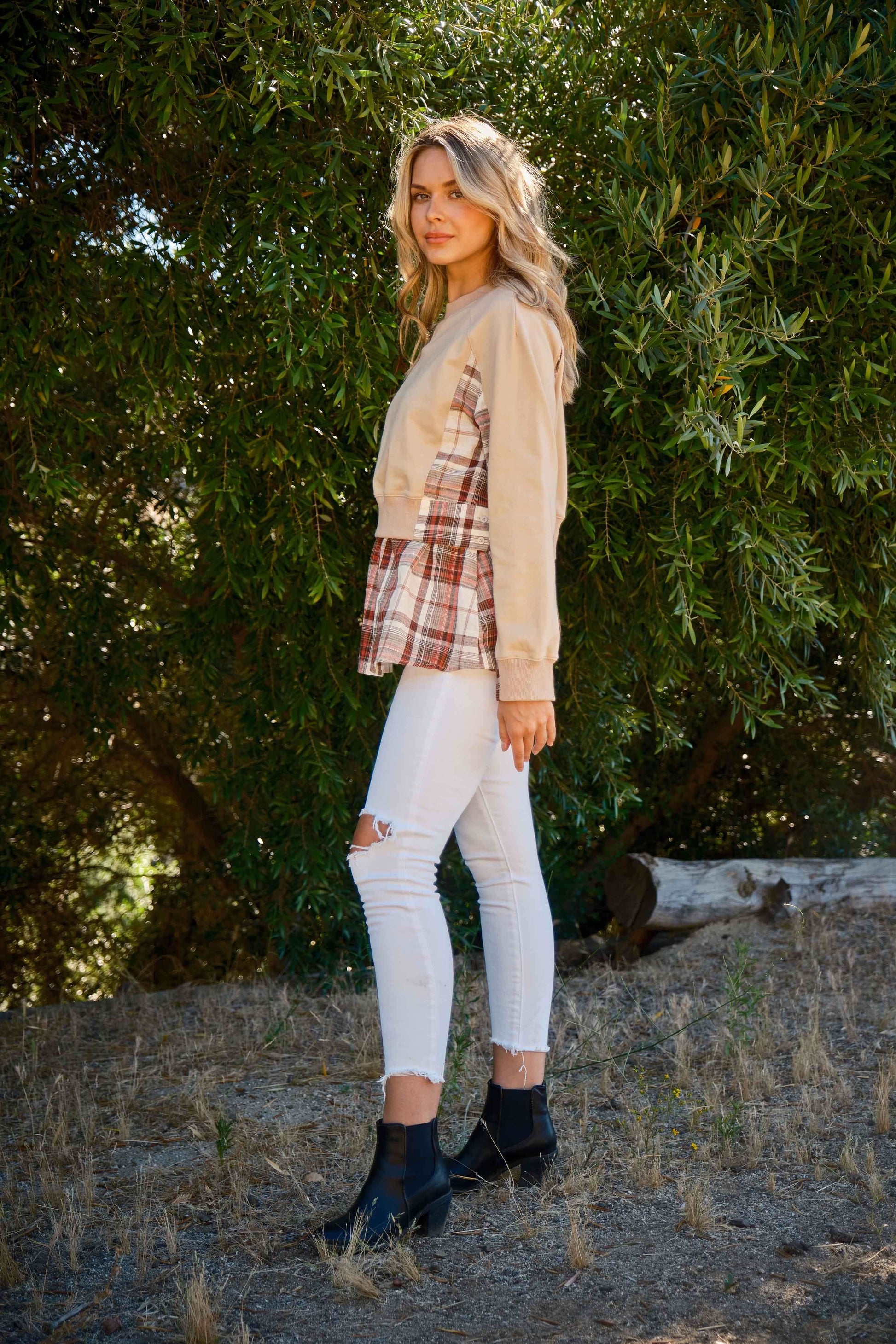 And The Why Full Size Double Layered Plaid Contrast Sweatshirt