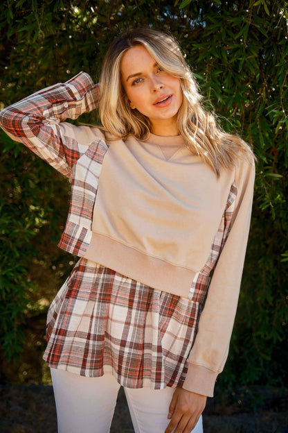 And The Why Full Size Double Layered Plaid Contrast Sweatshirt