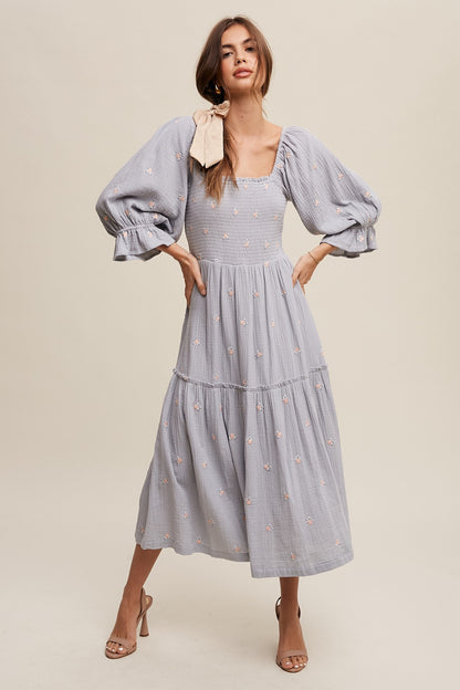 Ditzy Floral Embroidery Puff Sleeve Maxi Dress