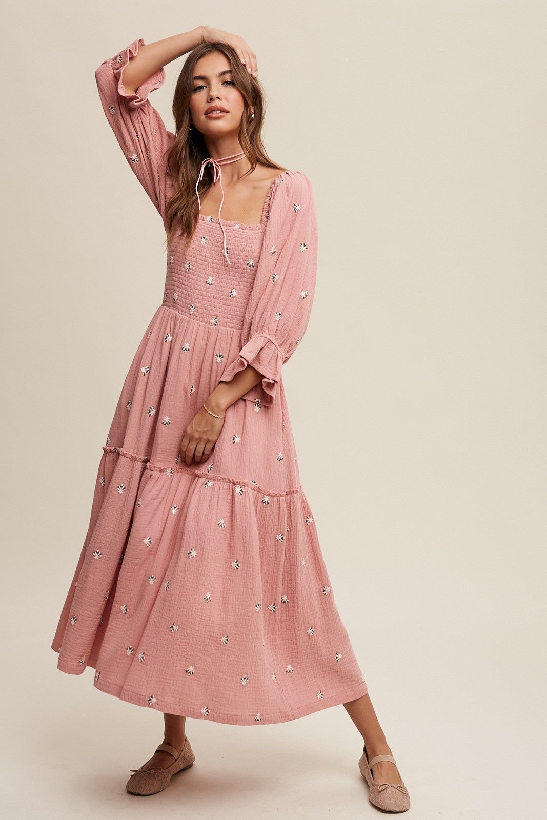 Ditzy Floral Embroidery Puff Sleeve Maxi Dress