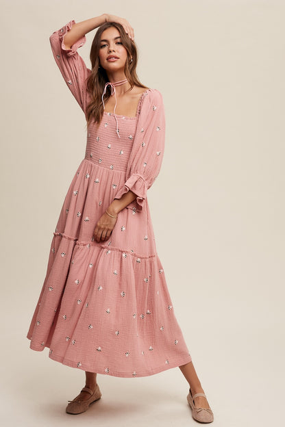 Ditzy Floral Embroidery Puff Sleeve Maxi Dress