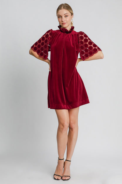 Umgee - Dotted Lace Half Sleeve Mock Neck Back Tie Velvet Dress