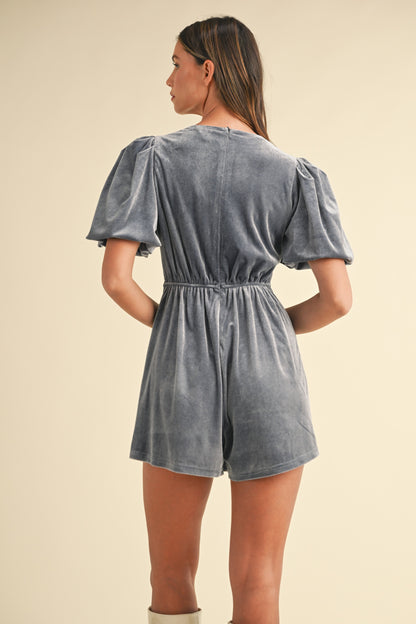 MABLE - Jewel Bow Puff Sleeve Velvet Romper