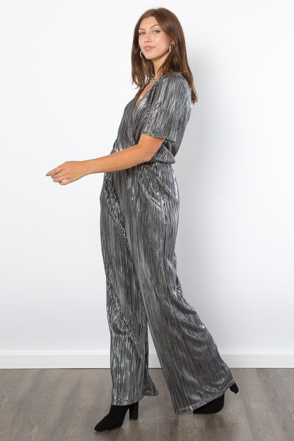 Be Stage - Surplice Short Sleeve Pleated Foil Jumpsuit