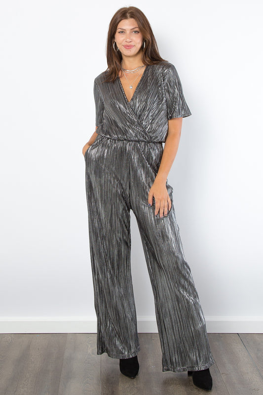 Be Stage - Surplice Short Sleeve Pleated Foil Jumpsuit