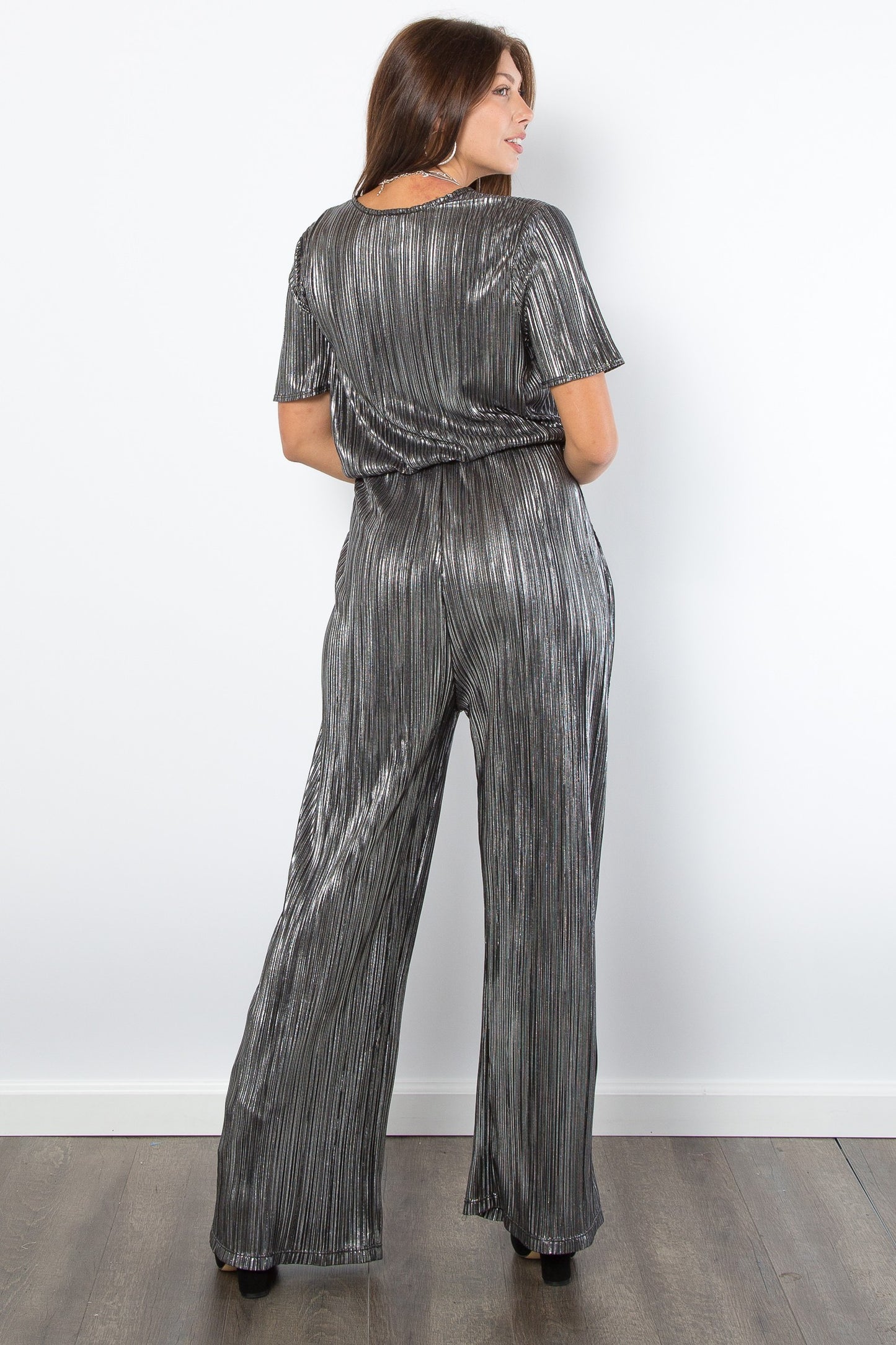 Be Stage - Surplice Short Sleeve Pleated Foil Jumpsuit