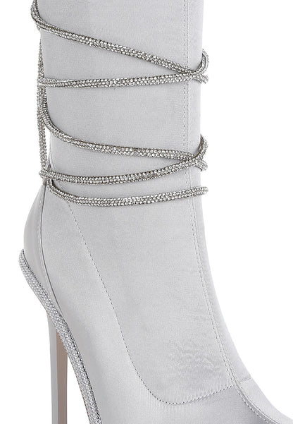 DACIA Rhinestone Strap Satin Calf Boots