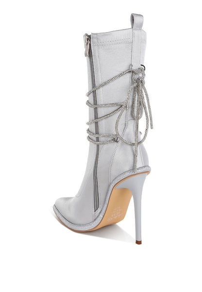 DACIA Rhinestone Strap Satin Calf Boots