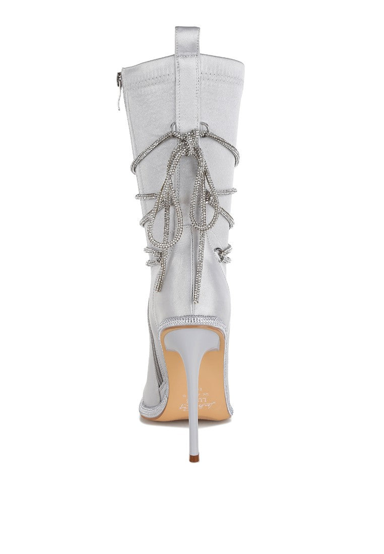 DACIA Rhinestone Strap Satin Calf Boots