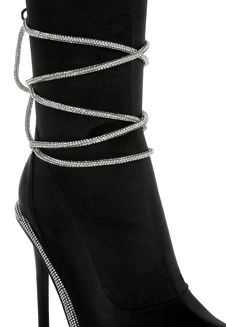 DACIA Rhinestone Strap Satin Calf Boots