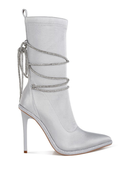 DACIA Rhinestone Strap Satin Calf Boots