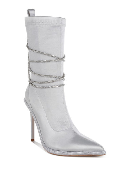 DACIA Rhinestone Strap Satin Calf Boots