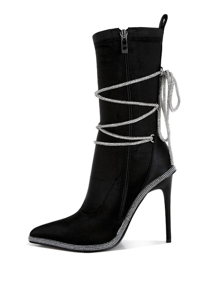 DACIA Rhinestone Strap Satin Calf Boots