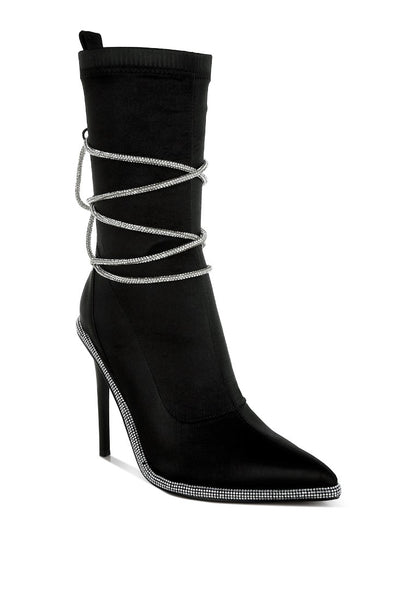 DACIA Rhinestone Strap Satin Calf Boots