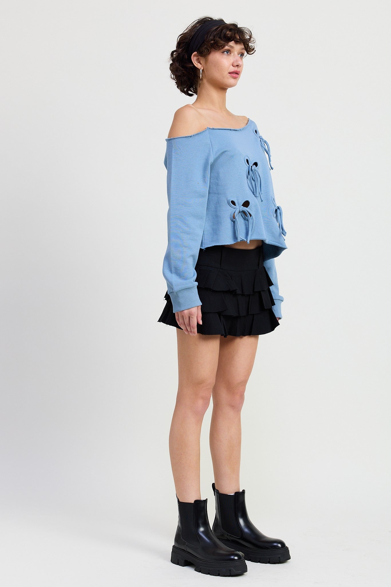 One Shoulder French Terry Top with Cutout Bow Detail