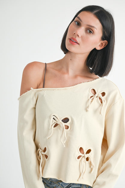 One Shoulder French Terry Top with Cutout Bow Detail