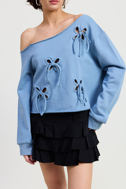 One Shoulder French Terry Top with Cutout Bow Detail