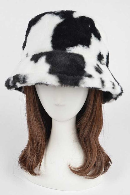 Cow Print Faux Fur Bucket Hat